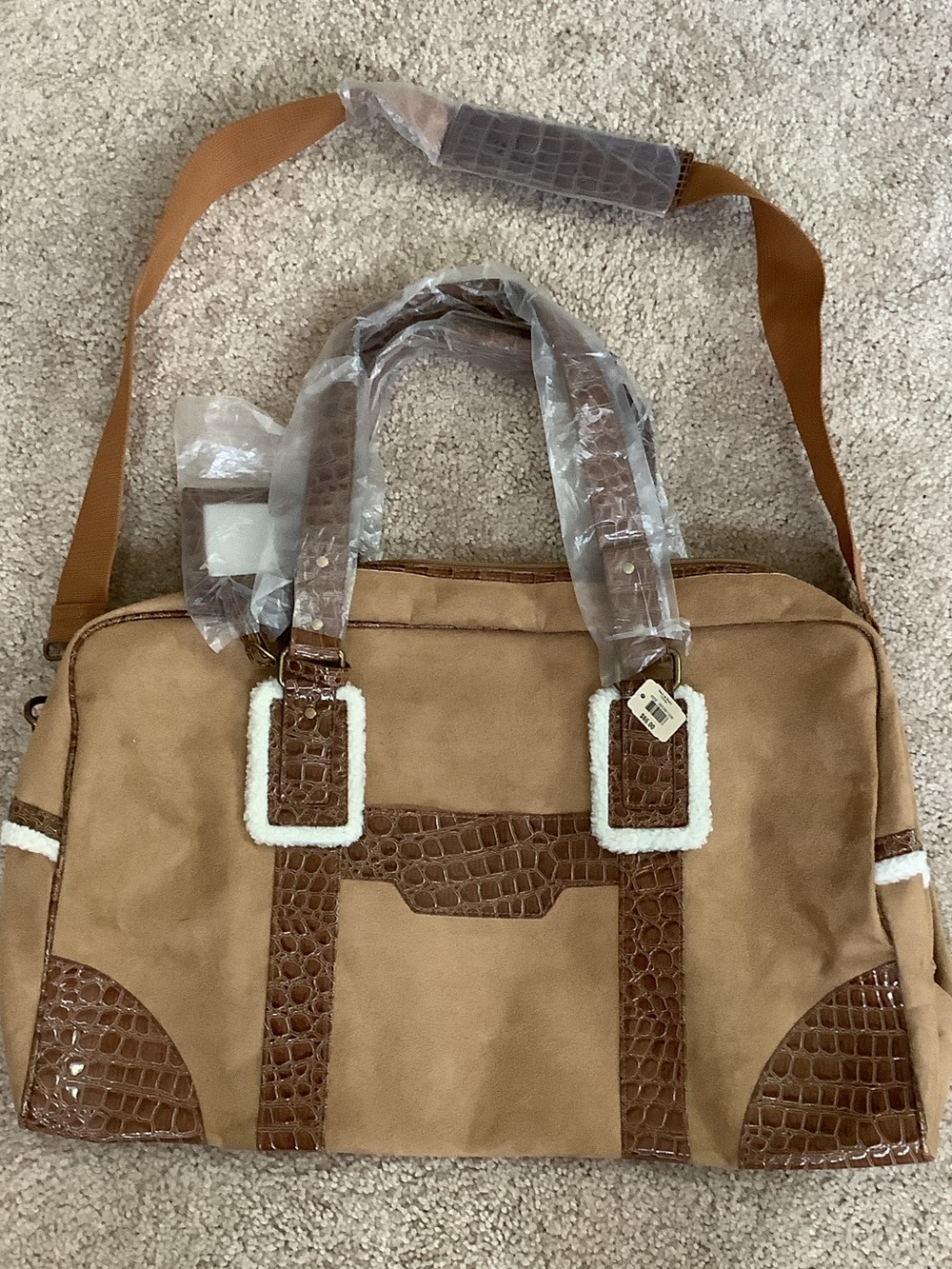Bath & Body Works Faux Croc Embossed Suede Weekender Y2K Bag Brown Croc Accents